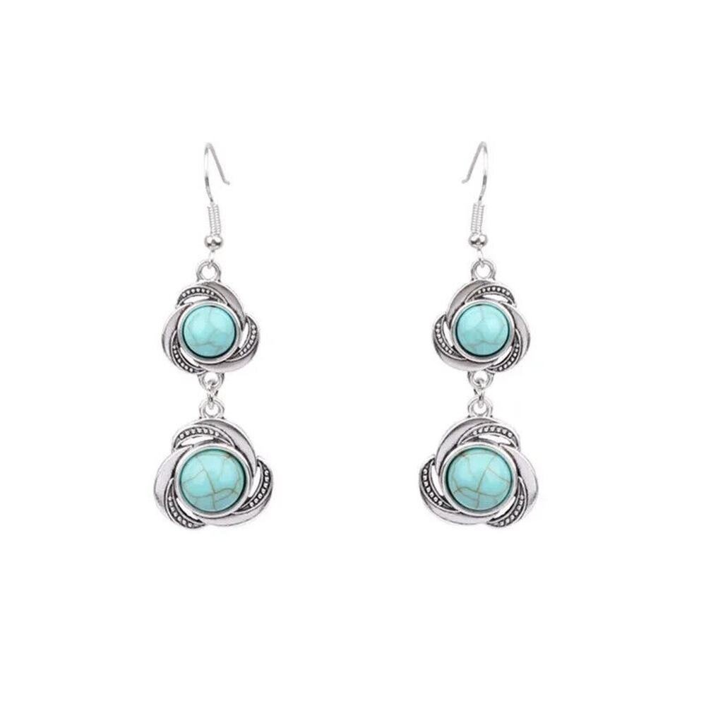Ethnic Style Inlay Alloy Turquoise Drop Earrings Boho Silver Round Retro Chic